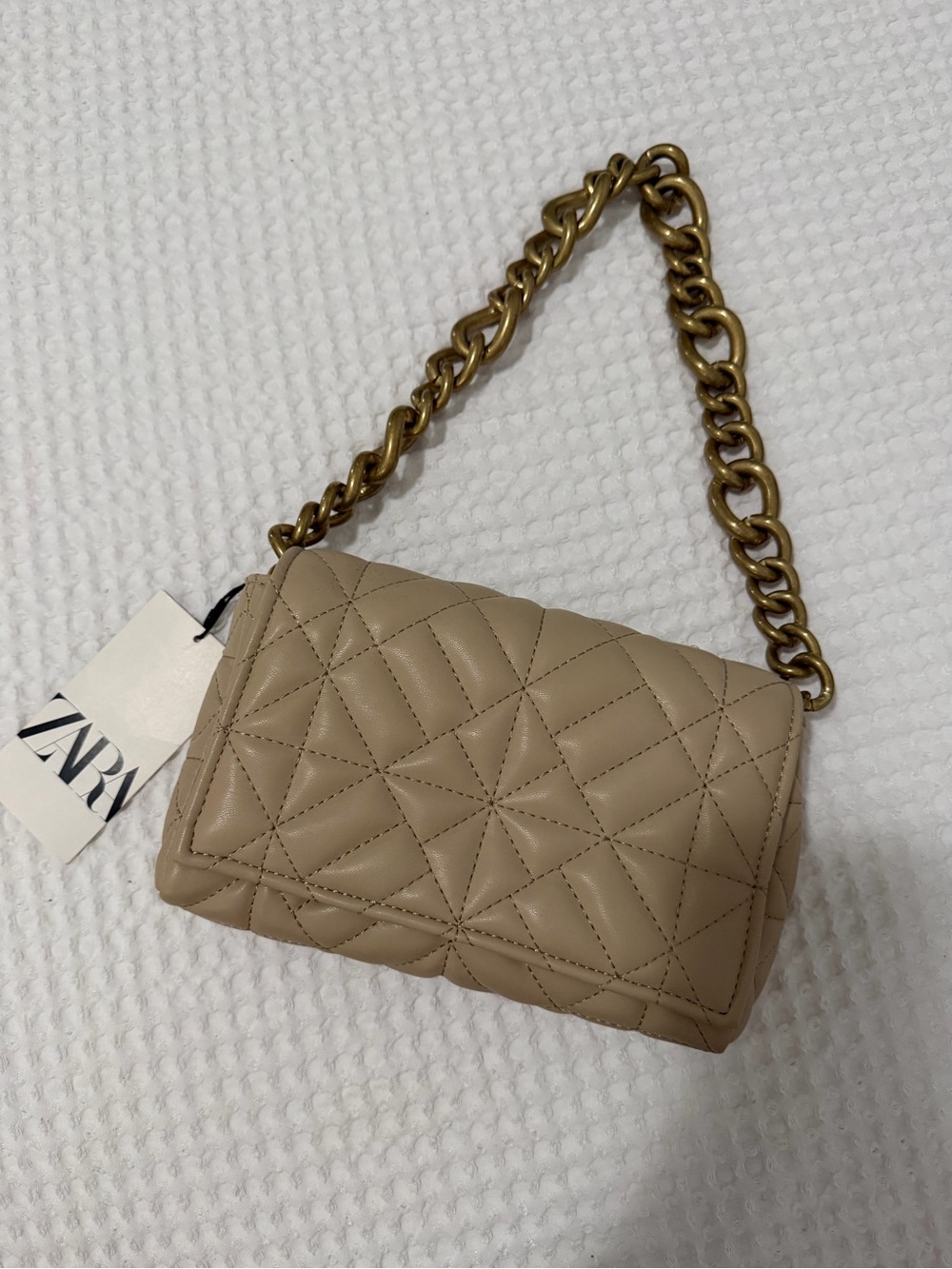 ZARA Quilted Taupe Shoulder Bag with Gold Chain